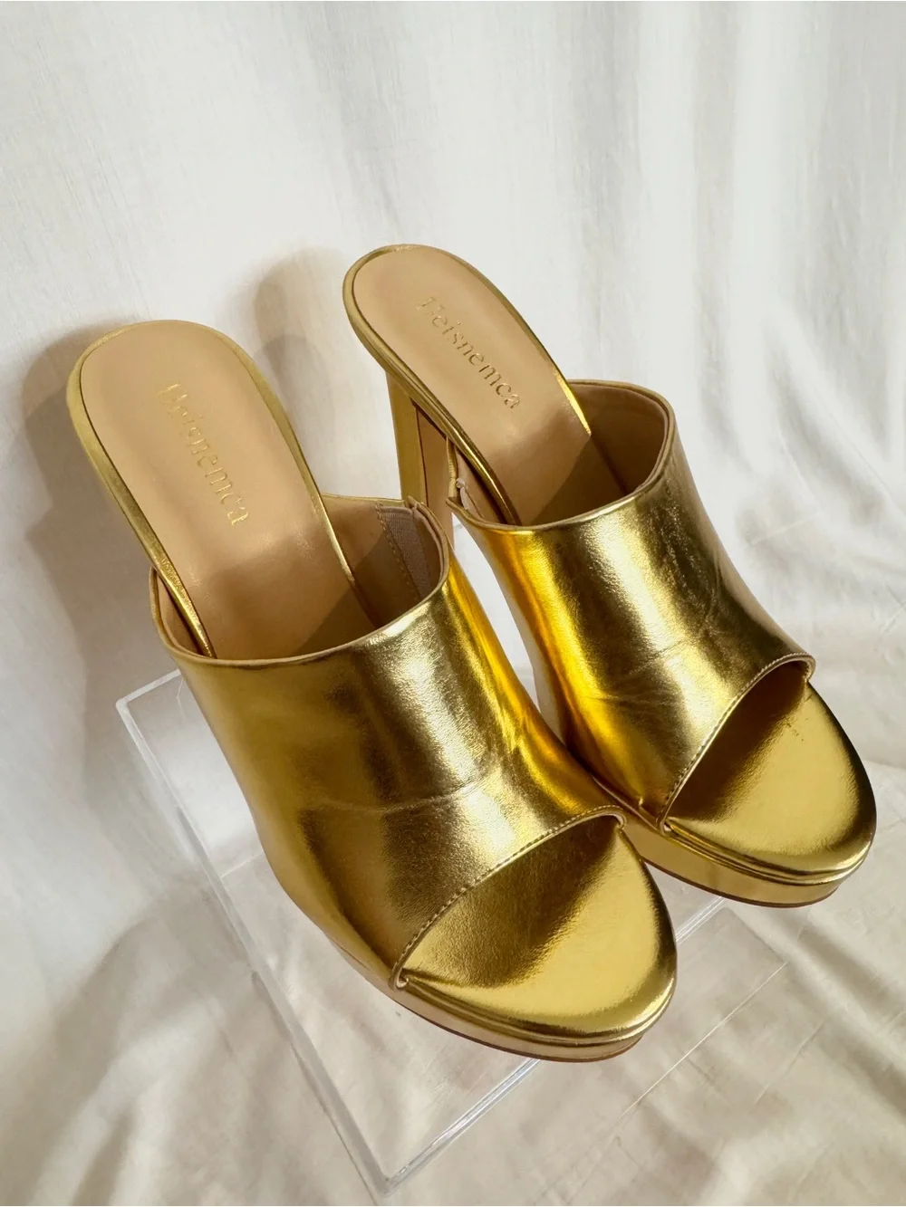 Gold Heisnemca Metallic High Heel Platform Mules, size 9